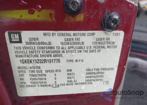 2002 GMC Yukon Slt from USA, damaged, VIN 1GKEK13Z02R191776